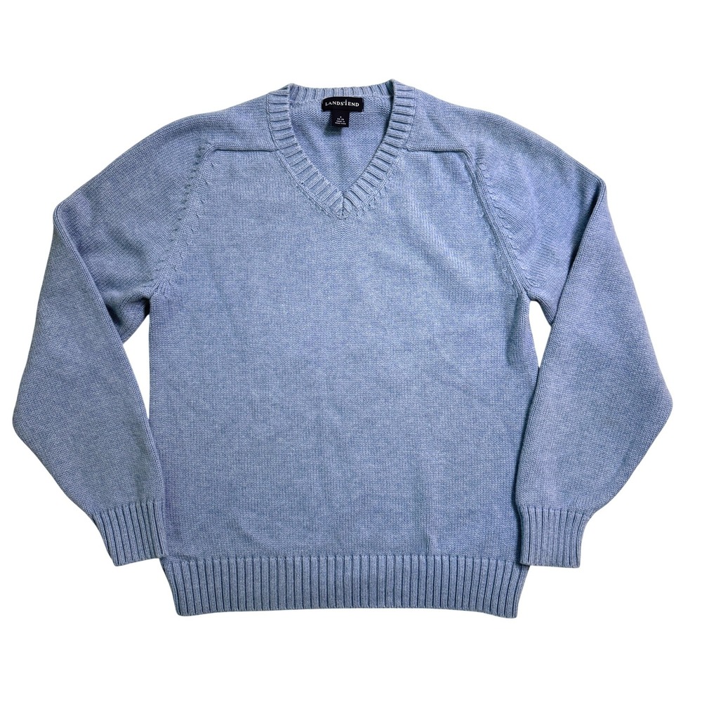 Lands End V-Neck Sweater Small Light Blue 100% Cotton Knit Pullover